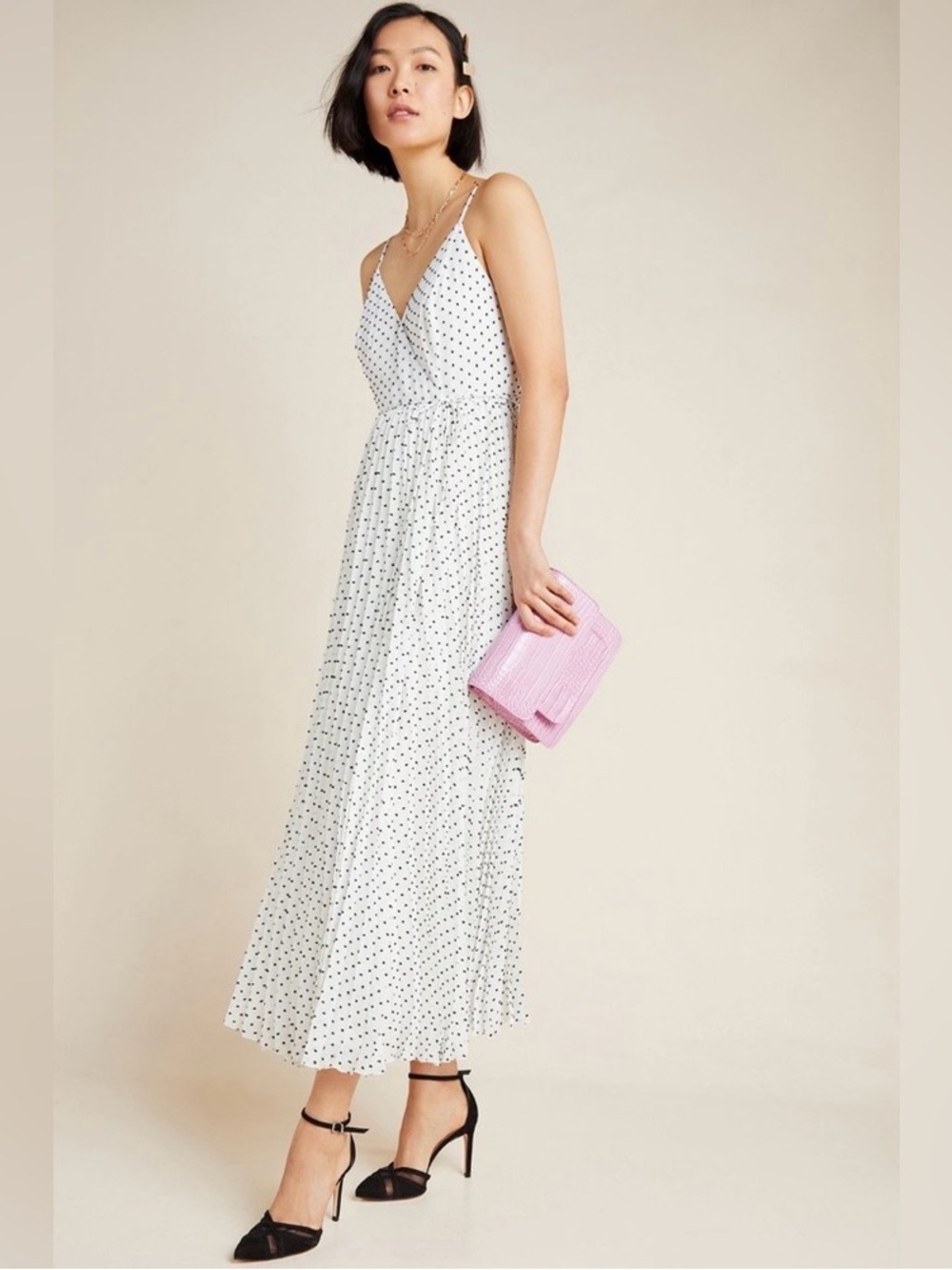 Anthropologie Daniel Rainn Marilyn Polka Dot Pleated Maxi Wrap Dress NWT Large
